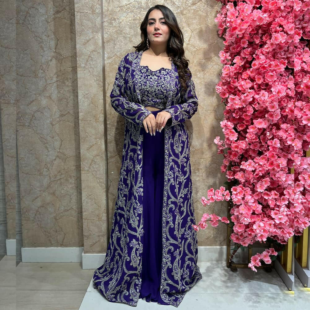 indo western purple dress for women Dark Purple Georgette Silk Embroidered Indo Western Dress LSTV133539