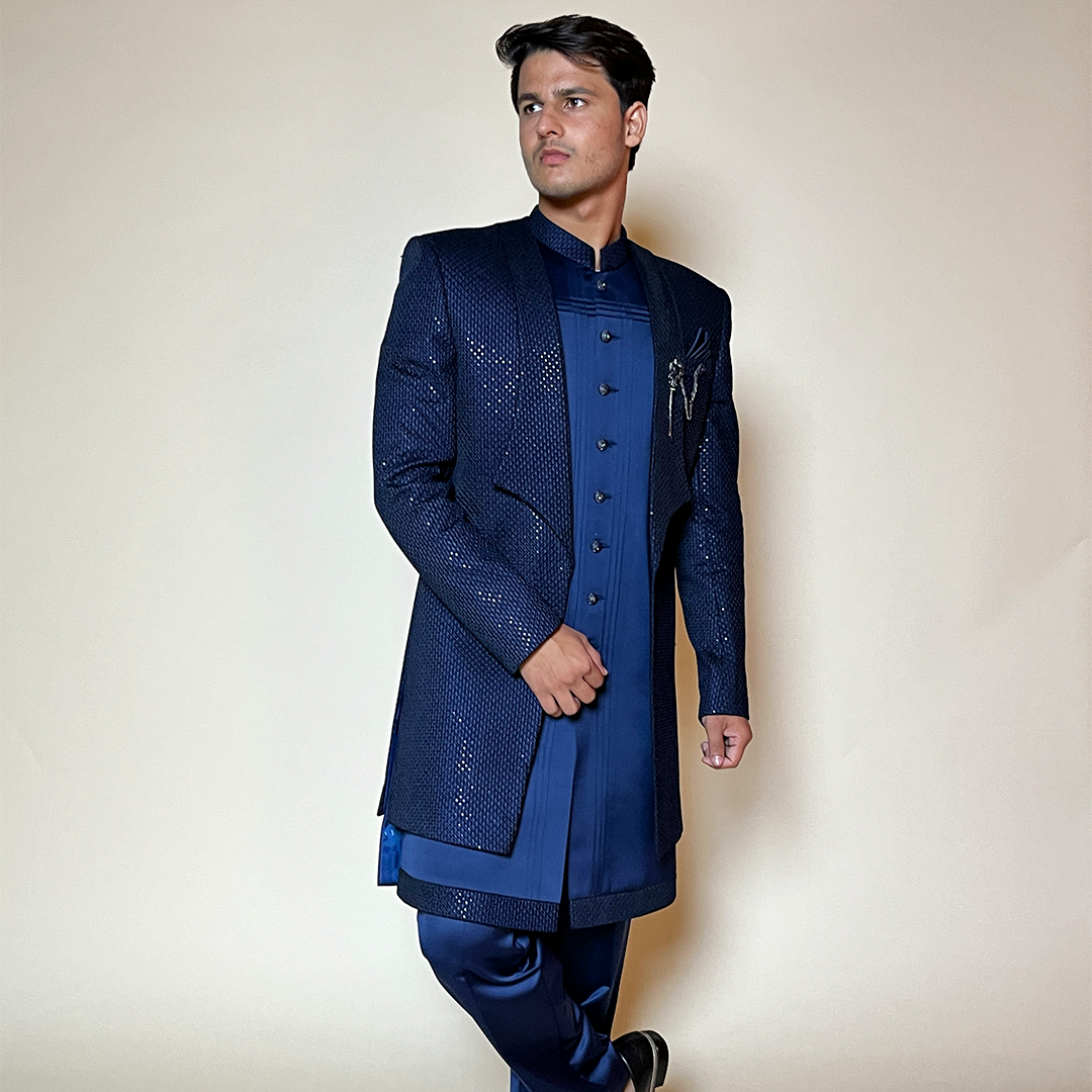 navy blue indo western dress Mono-Sleeve Indo-Western Gown