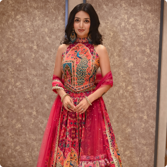 Women’s Multicolor Printed Crepe Designer Lehenga Set with Halter Neck Blouse