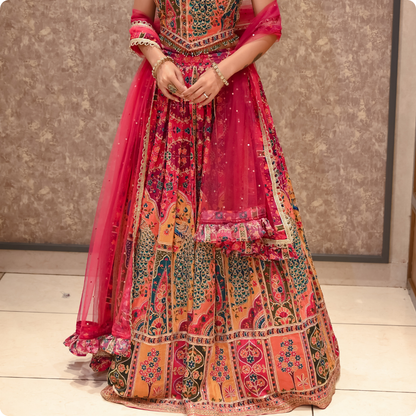 Women’s Multicolor Printed Crepe Designer Lehenga Set with Halter Neck Blouse