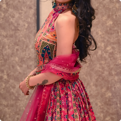 Women’s Multicolor Printed Crepe Designer Lehenga Set with Halter Neck Blouse