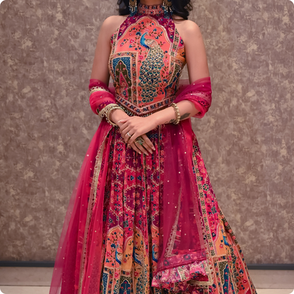 Women’s Multicolor Printed Crepe Designer Lehenga Set with Halter Neck Blouse