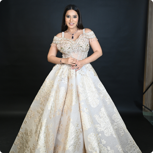 Gold Luxury Off-Shoulder Embellished Ball Gown with Floral Lace Appliqué