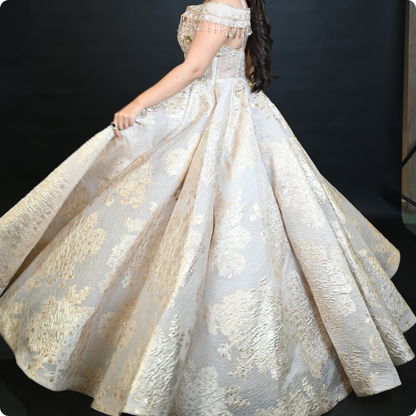 Gold Luxury Off-Shoulder Embellished Ball Gown with Floral Lace Appliqué