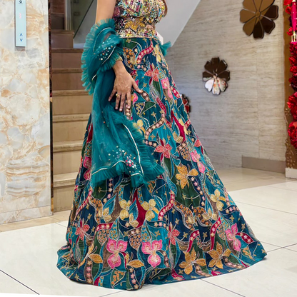 Teal Green Designer Lehenga Choli with Multicolor Floral Embroidery
