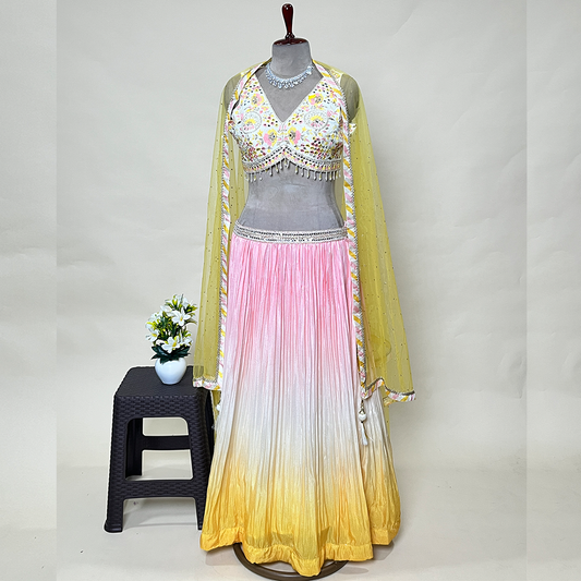 New Pink & Yellow Ombre Shimmer Chiffon Designer Lehenga Set