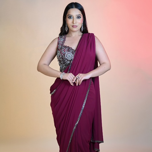New Purple Georgette Sequins, Beads Solid Pre-draped Saree With Embellished Blouse