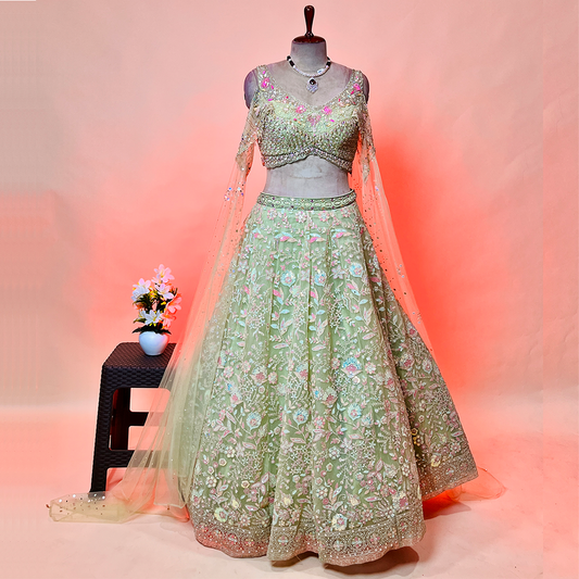 Pastel Green Lehenga Set With Sequins Work Paired Blouse And Dupatta