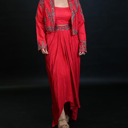 Red Indo Western Skirt Set With Cut Dana Work And Embroidered Cape