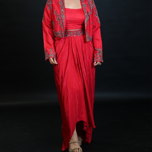 Red Indo Western Skirt Set With Cut Dana Work And Embroidered Cape