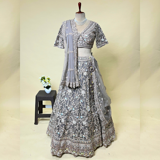 Exquisite Grey Embroidered Designer Lehenga with Handwork Blouse and Net Dupatta