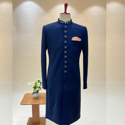 This stylish Dark Blue Indo Western paired with a luxurious embroidered shawl for men