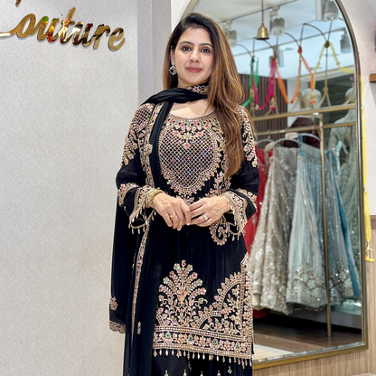 Black Designer Sharara Suit with Intricate Multicolor Embroidery and Dupatta