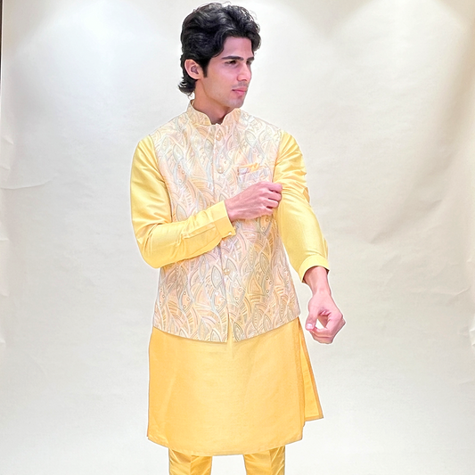 Silk Light Yellow Traditional Wear Readymade Kurta Pajama With Nehru jacket