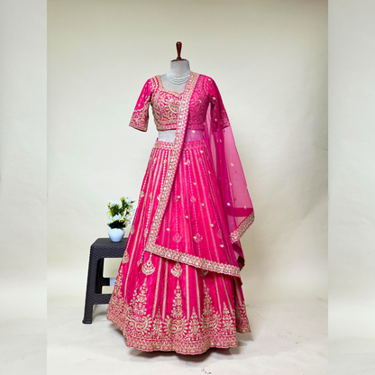 Magenta Lehenga Choli in Raw Silk with Hand Embroidery