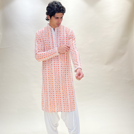 Men Pink Ethnic Chikankari Designer Kurta With Patiala set