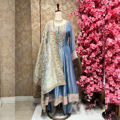 Attractive Blue Suit Set with Contrast Cream Dupatta