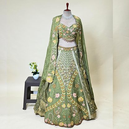 Buy Olive Green Lehenga Choli With Multi Colored Hand Embroidered Floral Choli