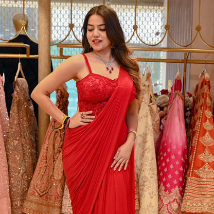 New Red Lycra Cutwork Hand Embroidered Draped Saree Set