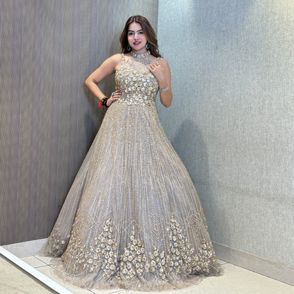 Grey Sequins Embroidered Net Evening Gown with Halter Neck