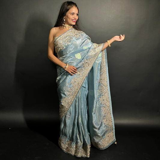 Ethnic Motifs Blue Embroidered Sequinned Saree