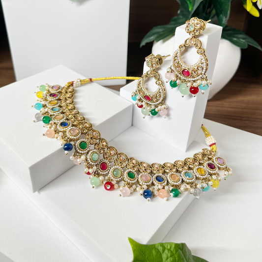 New Multicolour Beaded Polki Studded Necklace Set