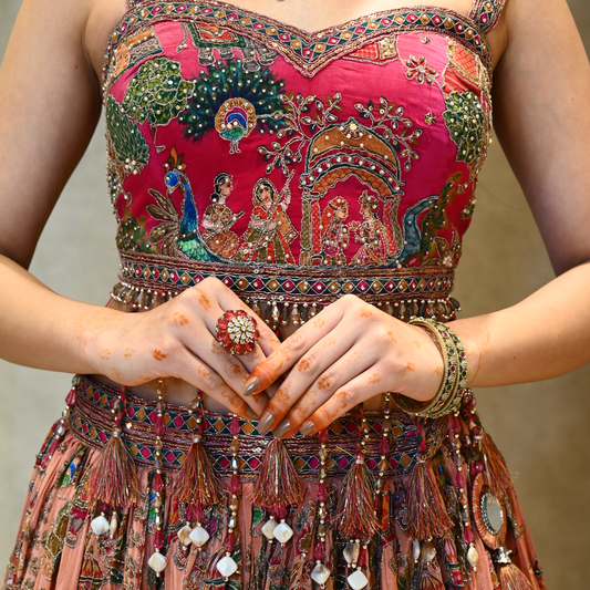 Pink Printed Designer Lehenga with Embroidered Strap Sleeve Blouse