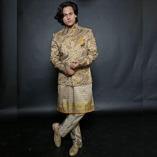 Beige & Gold Masoori Designer Jodhpuri Suit