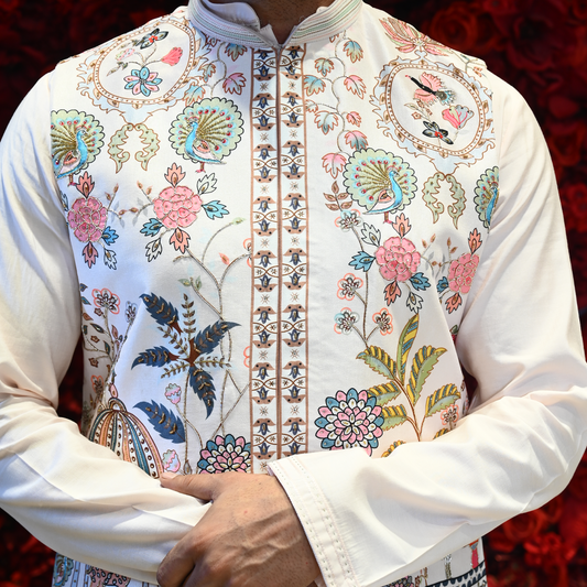 Men Floral Embroidered Regular Sequinned Kurta with Trousers & With Koti