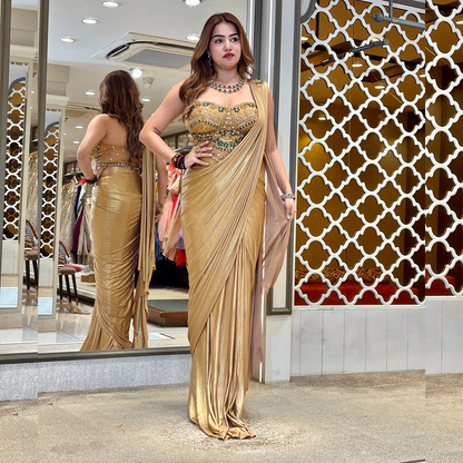 Beige Gold Ready-to-Wear Saree with Embellished Blouse | Pre-Draped Party Wear