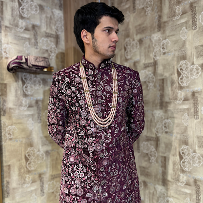 New Wine Micro Velvet Handwork Embroidered Sherwani Set