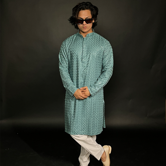 Blue Men's Sequins Embroidered Kurta With Pyjama