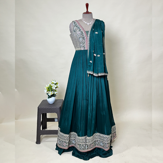 New Green Embroidered Georgette Blend Gown With Handwork