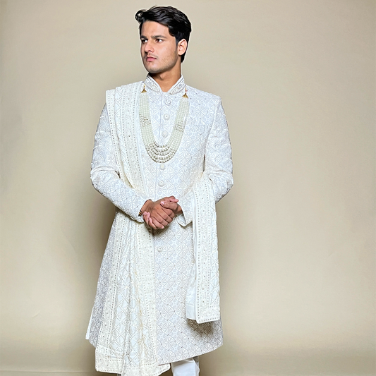 New Ivory Silk Embroidered Chikankari Floral Sherwani Set