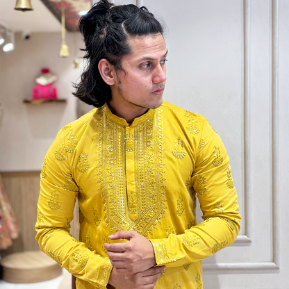 Golden Yellow Embroidered Mirror Work Regular Kurta With Churidar