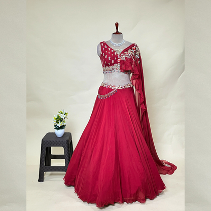 Dark Red Color Designer Hand Worked Croptop Lehenga With Attached Dupatta