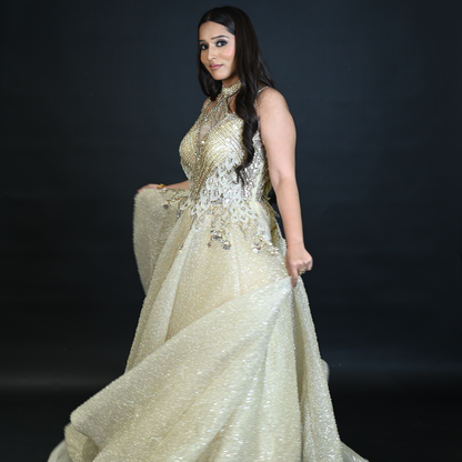 New Cream Sequins Embroidered Designer Net Ball Gown with Halter Neck