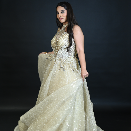 New Cream Sequins Embroidered Designer Net Ball Gown with Halter Neck
