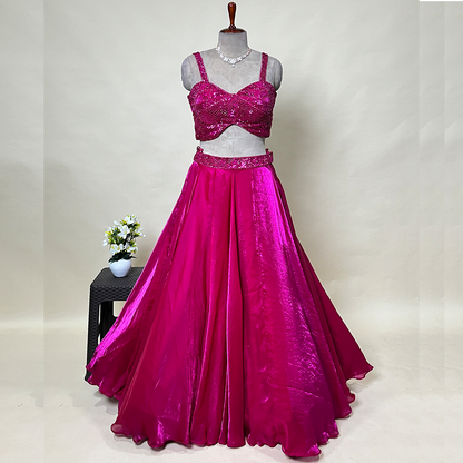 New Hot Pink Lehenga with Heavy Hand Embroidery Paired with Georgette Blouse