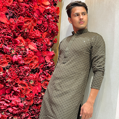 New Men Flared Sleeves Thread Work Pathani Kurta