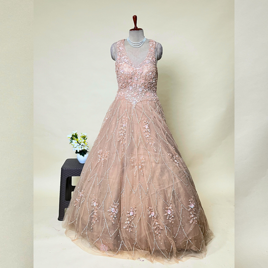 Designer Function Wear Peach Colour Net Fabric Hand Embroidered Gown