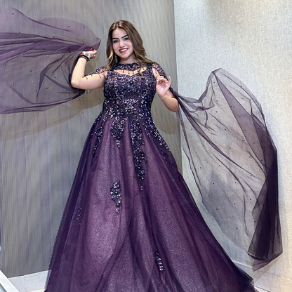Plum Purple Sequin Embellished Designer Ball Gown with Sheer Cape Sleeves