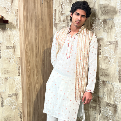 Off White Raw Silk With Mirror Work Embroidery Kurta Set with Jacket