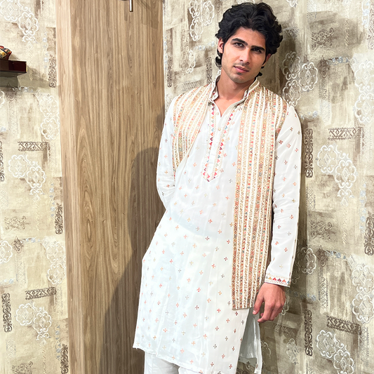 Off White Raw Silk With Mirror Work Embroidery Kurta Set with Jacket