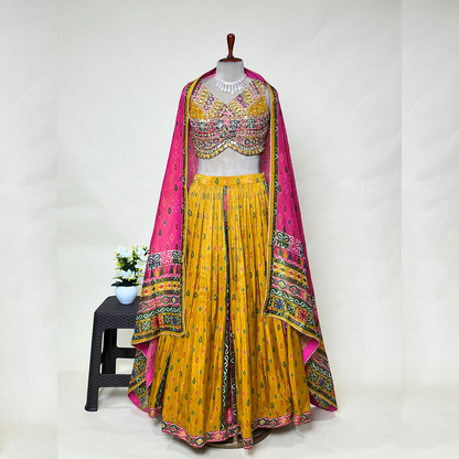 Yellow Multi Colour Crepe Fabric Croptop Lehenga