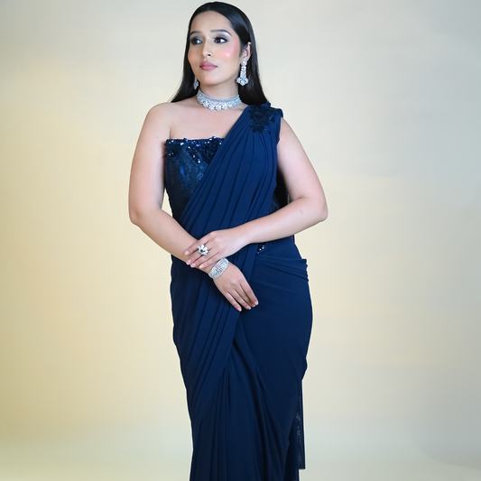 Navy Blue Pre Stitched Draped Saree Gown Set with a Hand Embroidered Set