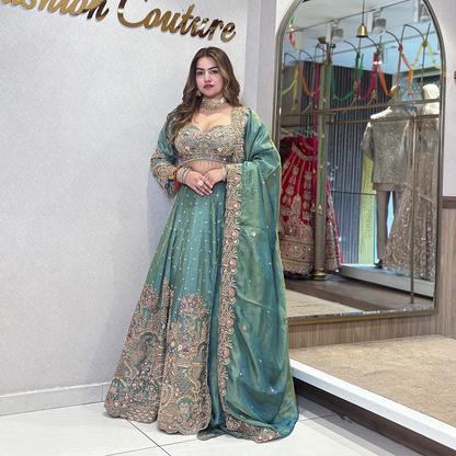 New Green Tissue Silk Designer Lehenga with Heavy Cutdana Heavy Embroidery Work