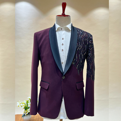 Dark Midnight Wine tuxedo suit featuring cutdana embroidery