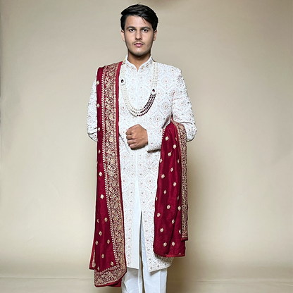 White Raw Silk Embroidered Thread Work Designer Sherwani Set