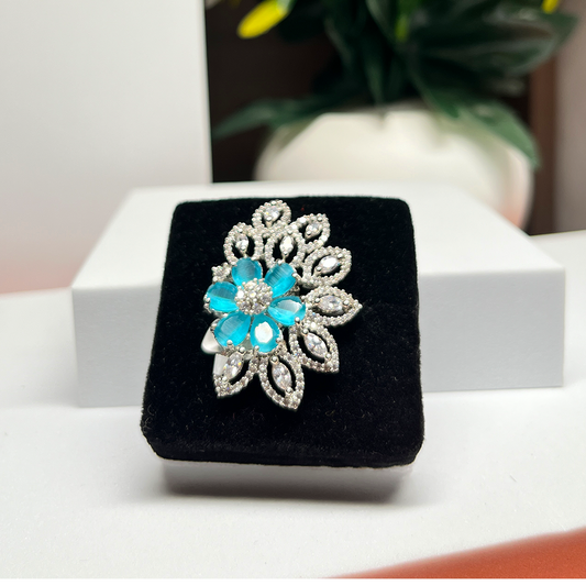 New Silver-Plated AD-Studded Adjustable Flower Ring